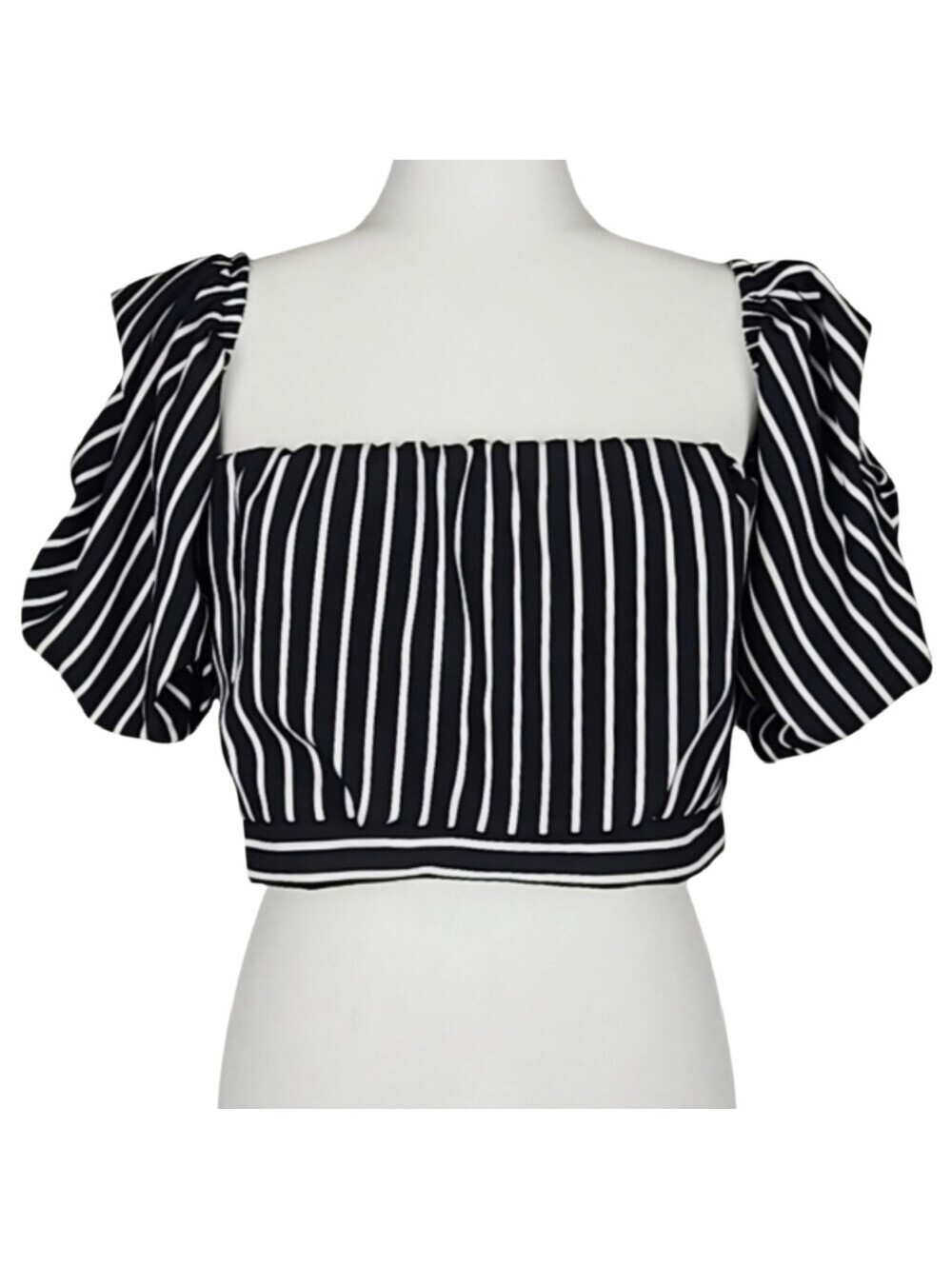 Puff Sleeve Crop Top Black White Striped, L Parisian French Romantic Goth Y2K